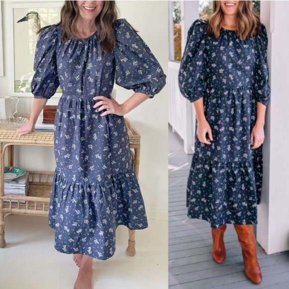 summersalt Dresses & Skirts - SUMMERSALT The Tiered Midi Dress Poplin Cottage Floral in Midnight Size M